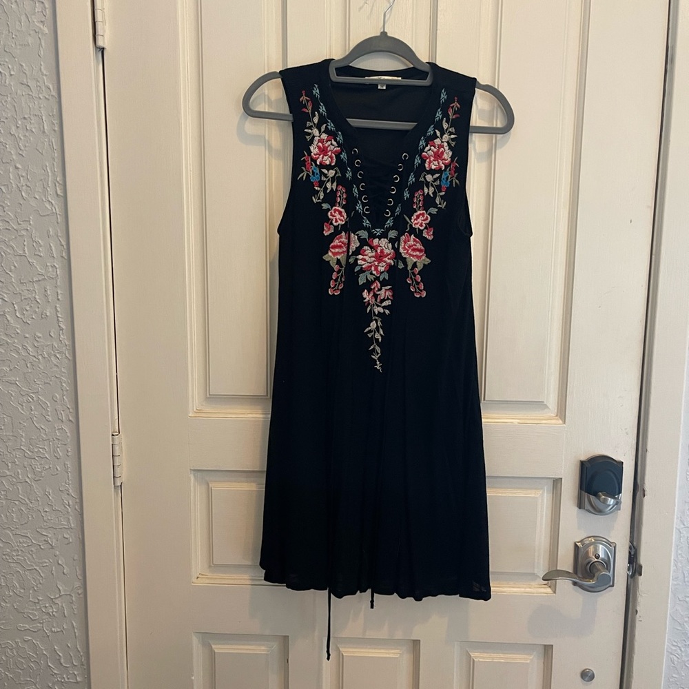Black Flowy Dress with Flower Embroidery
